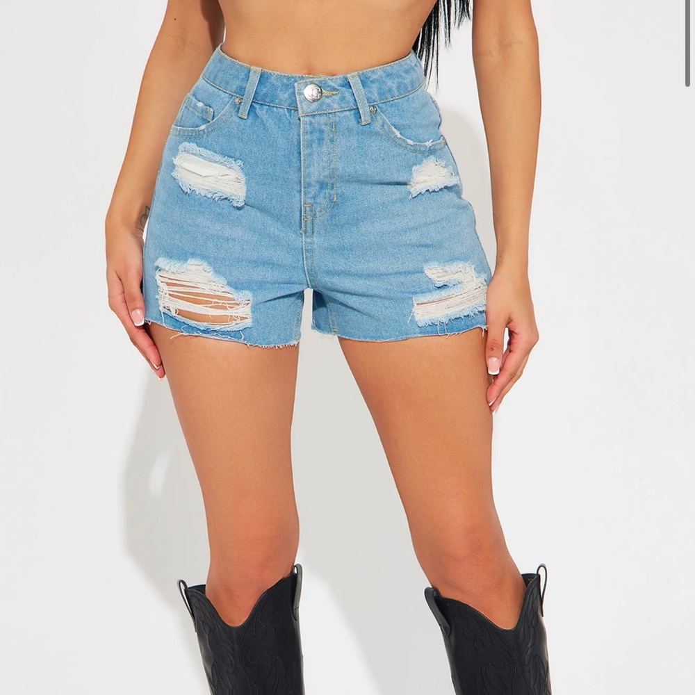 Fashion Nova Light Blue Distressed Jean Shorts